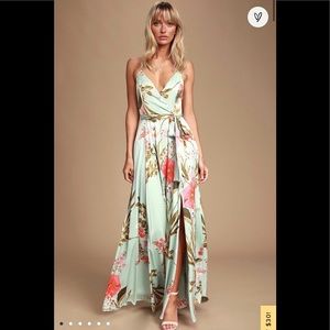 Lulu’s Sage green floral print satin maxi dress.